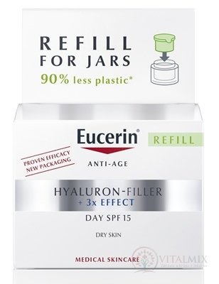 Eucerin HYALURON-FILLER+3xEFFECT Denný krém REFILL SPF15, suchá pleť, Anti-Age, náhradná náplň (verzia 2023) 1x50 ml