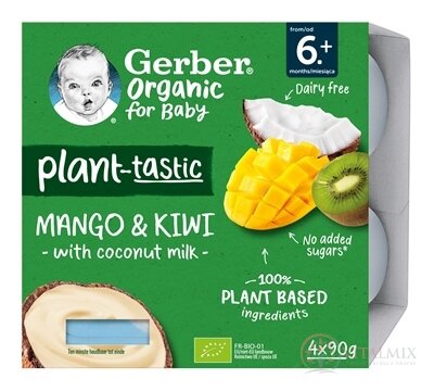 Gerber Organic Rastlinný dezert Mango a kiwi s kokosovým mliekom (od ukonč. 6. mesiaca) 4x90 g