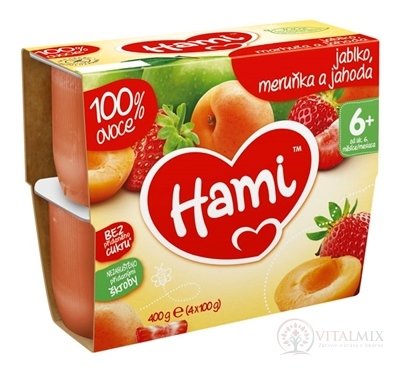 Hami ovocný príkrm 100% ovocie Jablko, marhuľa a jahoda (od ukonč. 6. mesiaca) 4x100 g (400 g)