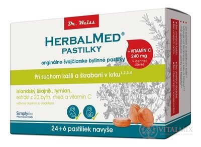 HERBALMED PASTILKY pre odkašliavanie - Dr.Weiss (isl. lišajník, tymian, 20 bylín, vit.C) pastilky (24+6 navyše) 1x30 ks
