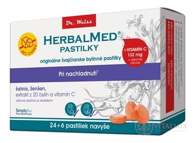 HERBALMED PASTILKY pri nachladnutí - Dr.Weiss bez cukru (šalvia, ženšen, extrakt 20 bylín a vit.C) pastilky (24+6 navyše) 1x30 ks)