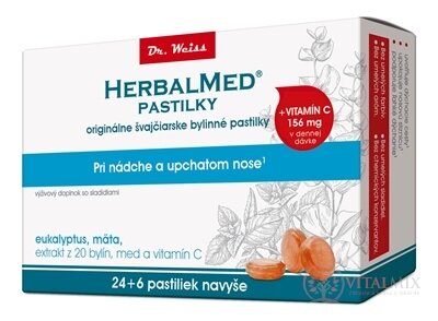 HERBALMED PASTILKY pri nádche - Dr.Weiss (eukalyptus, mäta, 20 bylín, vit.C) pastilky (24+6 navyše) 1x30 ks