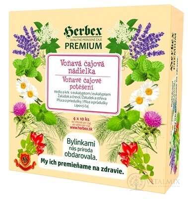 HERBEX Premium Voňavá čajová nádielka čaje (hrdlo a krk s eukalyptom + žalúdok a čreva + pľúca a priedušky + lipový čaj) vrecúška 4x10 ks