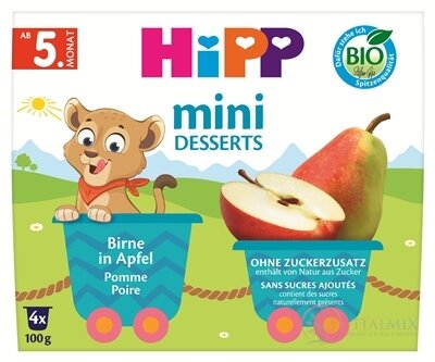 HiPP BIO 100% Ovocie Jablká s hruškami ovocný príkrm-dezert (od ukonč. 4./6. mesiaca) 4x100 g (400 g)