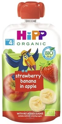HiPP BIO 100% Ovocie Jablko Banán Jahoda kapsička (od ukonč. 4./6.mesiaca) ovocný príkrm 1x100 g