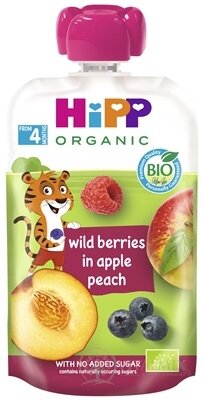 HiPP BIO 100% Ovocie Jablko Broskyňa Lesné ovocie kapsička (od ukonč. 4./6.mesiaca) ovocný príkrm 1x100 g