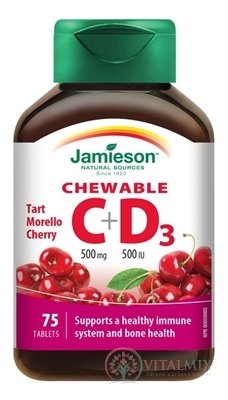JAMIESON VITAMÍNY C a D3 500 mg/ 500 IU tablety na cmúľanie s čerešňovou príchuťou 1x75 ks