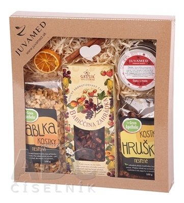 JUVAMED KAZETA BABIČKINA ZÁHRADA čaj Babičkina záhrada 100 g + kocky (hruška+jablko) 2x100 g + Šípky v mede 125 g, 1x1 set