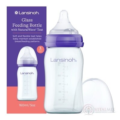 Lansinoh Sklenená dojčenská fľaša s NaturalWave cumľom (pomalý prietok S, 1M+) 1x160 ml