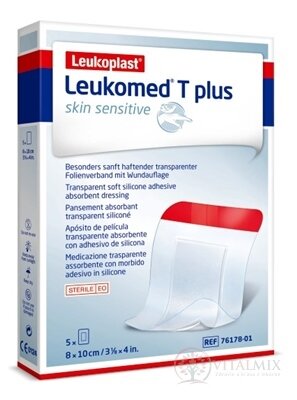 LEUKOPLAST LEUKOMED T PLUS SKIN SENSITIVE filmové krytie s vankúšikom, sterilné, 8x10 cm, 1x5 ks