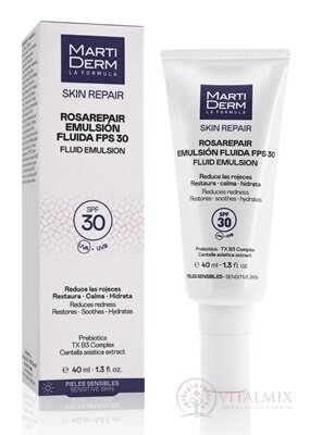 MartiDerm SKIN REPAIR ROSAREPAIR FLUID EMULSION fluidná emulzia s ochranným faktorom SPF 30, pre citlivú pokožku 1x40 ml