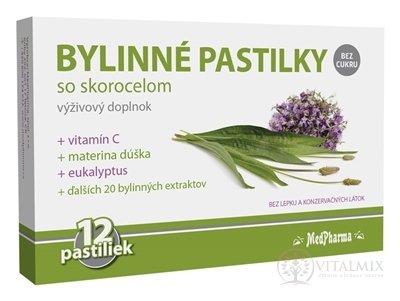 MedPharma BYLINNÉ PASTILKY Bez cukru so skorocelom, materina dúška, vitamín C 1x12 ks