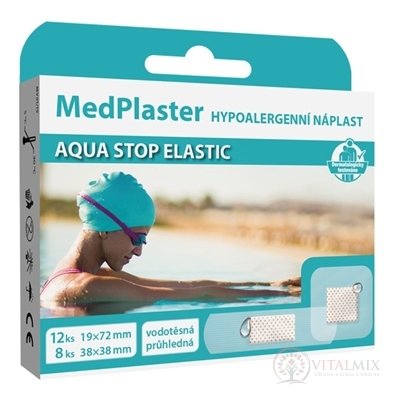 MedPlaster Náplasť AQUA STOP ELASTIC (19x72 mm a 38x38 mm) vodeodolná s vankúšikom 1x20 ks