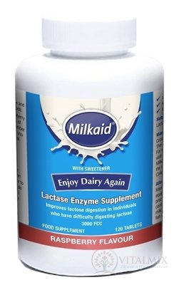 Milkaid Lactase Enzyme Supplement žuvacie tablety s malinovou príchuťou 1x120 ks