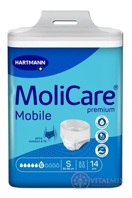 MoliCare Premium Mobile 6 kvapiek S plienkové nohavičky naťahovacie, modré, obvod 60 - 90 cm, savosť 1475 ml, 1x14 ks