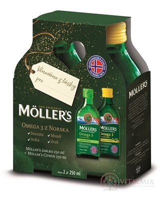 MOLLER´S Omega 3 RYBÍ OLEJ (Citrón + Jablko) darčekové balenie, 2 príchute, 2x250 ml, 1x1 set