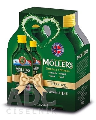 MOLLER´S Omega 3 RYBÍ OLEJ Citrónová príchuť darčekové balenie 2x250 ml, 1x1 set