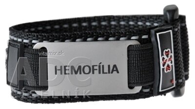 NÁRAMOK ZÁCHRANY HEMOFÍLIA na suchý zips s nerezovou známkou, čierny, dospelý 1x1 ks