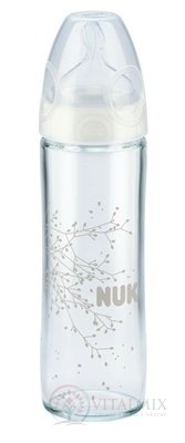 NUK FC+ FĽAŠA SKLO LOVE dojčenská 240 ml, biela, cumlík silikón, veľ. 1 (0-6 mesiacov), otvor "M" na mlieko, 1x1 ks