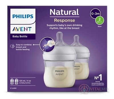 Philips AVENT FĽAŠA Natural Response 125 ml, priehľadná, 0-3m, cumlík prietok 2 (SCY900/02) 1x2 ks