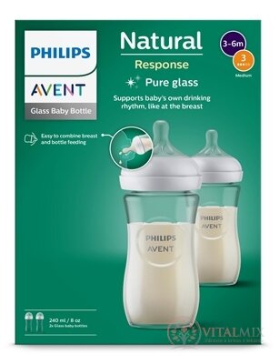 Philips AVENT FĽAŠA Natural Response 240 ml, sklenená, 3-6m, cumlík prietok 3 (SCY933/02) 1x2 ks