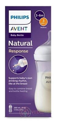 Philips AVENT FĽAŠA Natural Response 260 ml, priehľadná, 3-6m, cumlík prietok 3 (SCY903/01) 1x1 ks
