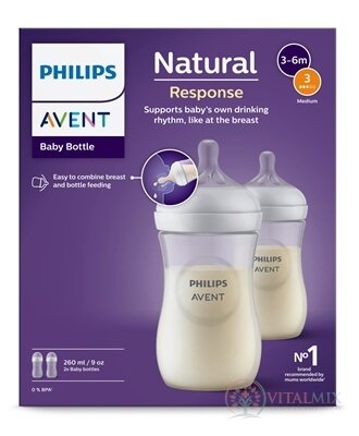Philips AVENT FĽAŠA Natural Response 260 ml, priehľadná, 3-6m, cumlík prietok 3 (SCY903/02) 1x2 ks
