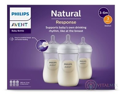 Philips AVENT FĽAŠA Natural Response 260 ml, priehľadná, 3-6m, cumlík prietok 3 (SCY903/03) 1x3 ks