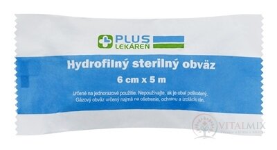 PLUS LEKÁREŇ Hydrofilný sterilný obväz 6 cm x 5 m, 1x1 ks