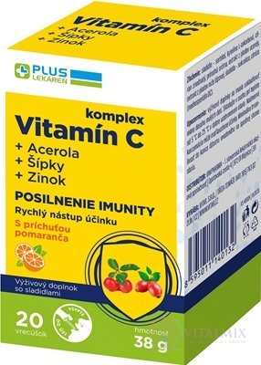 PLUS LEKÁREŇ Komplex vitamín C+acerola+šípky+zinok vrecúška s príchuťou pomaranč 1x20 ks