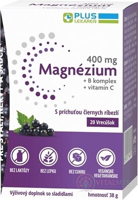 PLUS LEKÁREŇ Magnézium 400 mg+B komplex+vitamín C vrecúška s príchuťou čiernych ríbezlí 1x20 ks