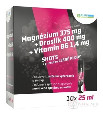 PLUS LEKÁREŇ Magnézium +Draslík +Vitamín B6 SHOTS ampuly, s príchuťou lesné plody 10x25 ml