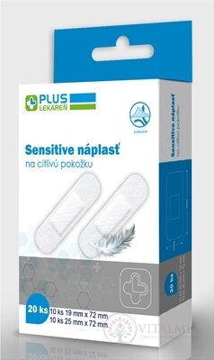 PLUS LEKÁREŇ Náplasť sensitive na citlivú pokožku, 10 x (19x72mm) + 10 x (25x72mm) 1x20 ks
