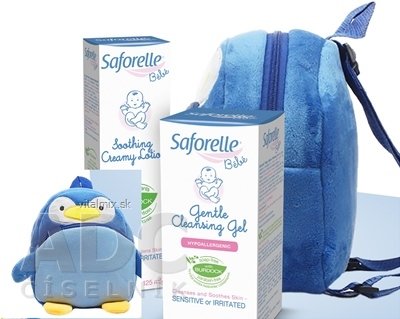 SAFORELLE Bébé balíček pre deti krémové mlieko 125 ml + jemný čistiaci gél 125 ml + detský ruksačik v tvare tučniaka, 1x1 set