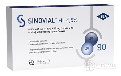 SINOVIAL HL 4,5 % intraartikulárny roztok hyseliny hylaurónovej, v naplnenej injekčnej striekačke s ihlou 1x2 ml
