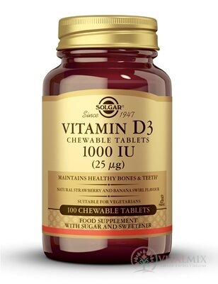 Solgar Vitamín D3 1000 IU žuvacie tbl, príchuť jahody a banánu 1x100 ks