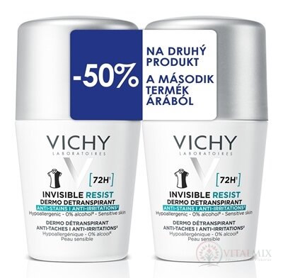 VICHY INVISIBLE RESIST DETRANSPIRANT 72H DUO detranspirant proti zápachu, roll-on (-50% na druhý produkt) 2x50 ml, 1x1 set