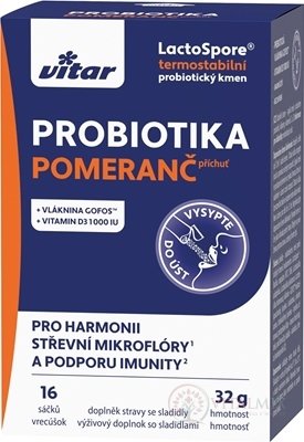 VITAR PROBIOTIKÁ + vláknina + vitamíny C a D3 prášok vo vrecúškach, pomarančová príchuť 1x16 ks