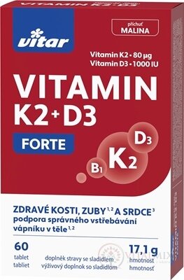 VITAR VITAMIN K2 + D3 FORTE tbl, príchuť malina 1x60 ks