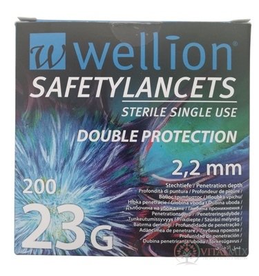 Wellion SAFETYLANCETS 23G - Lanceta bezpečnostná hĺbka vpichu 2,2 mm, sterilná, jednorazová 1x200 ks