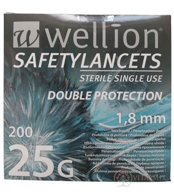 Wellion SAFETYLANCETS 25G - Lanceta bezpečnostná hĺbka vpichu 1,8 mm, sterilná, jednorazová 1x200 ks