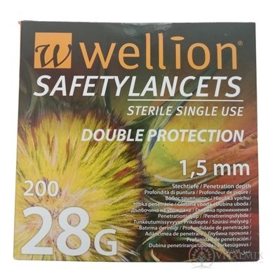 Wellion SAFETYLANCETS 28G - Lanceta bezpečnostná hĺbka vpichu 1,5 mm, sterilná, jednorazová 1x200 ks