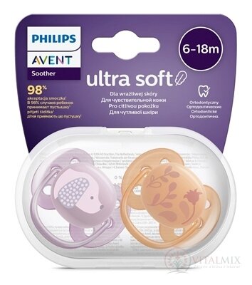 AVENT CUMLÍK Ultra Soft Premium 6-18m dievča na utišovanie, silikón, FlexiFit, zvieratko 1x2 ks