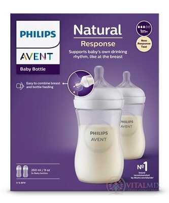 AVENT FĽAŠA Natural Response 260 ml priehľadná, cumlík pre podporu rytmu pitia (1m+) 1x2 ks