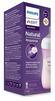 AVENT FĽAŠA Natural Response 260 ml ružová, cumlík pre podporu rytmu pitia (1m+) 1x1 ks