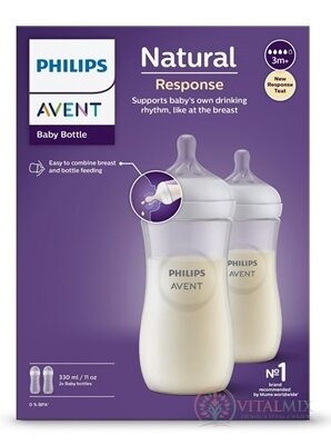 AVENT FĽAŠA Natural Response 330 ml priehľadná, cumlík pre podporu rytmu pitia (3m+) 1x2 ks