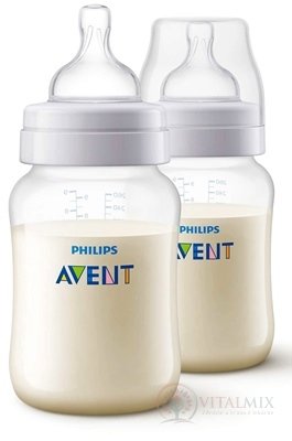 AVENT FĽAŠA PP Antikolik 260 ml Duo 2 fľaše polopriehľadné, antikolikový mäkký cumlík pomalý prietok, 1x1 set