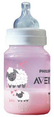 AVENT FĽAŠA PP Antikolik 260 ml Ružová - ovečka, antikolikový mäkký cumlík pomalý prietok 2 otvory, 1x1 ks