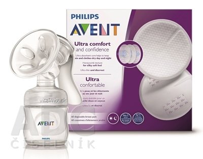 AVENT Manuálna odsávačka mlieka Natural AKCIA odsávačka 1 ks + Darček Prsné laktačné vložky 60 ks, 1x1 set