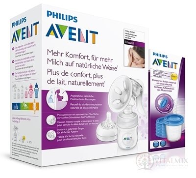 AVENT Manuálna odsávačka mlieka Natural AKCIA odsávačka 1ks + Darček VIA poháriky180ml 5ks, 1x1 set